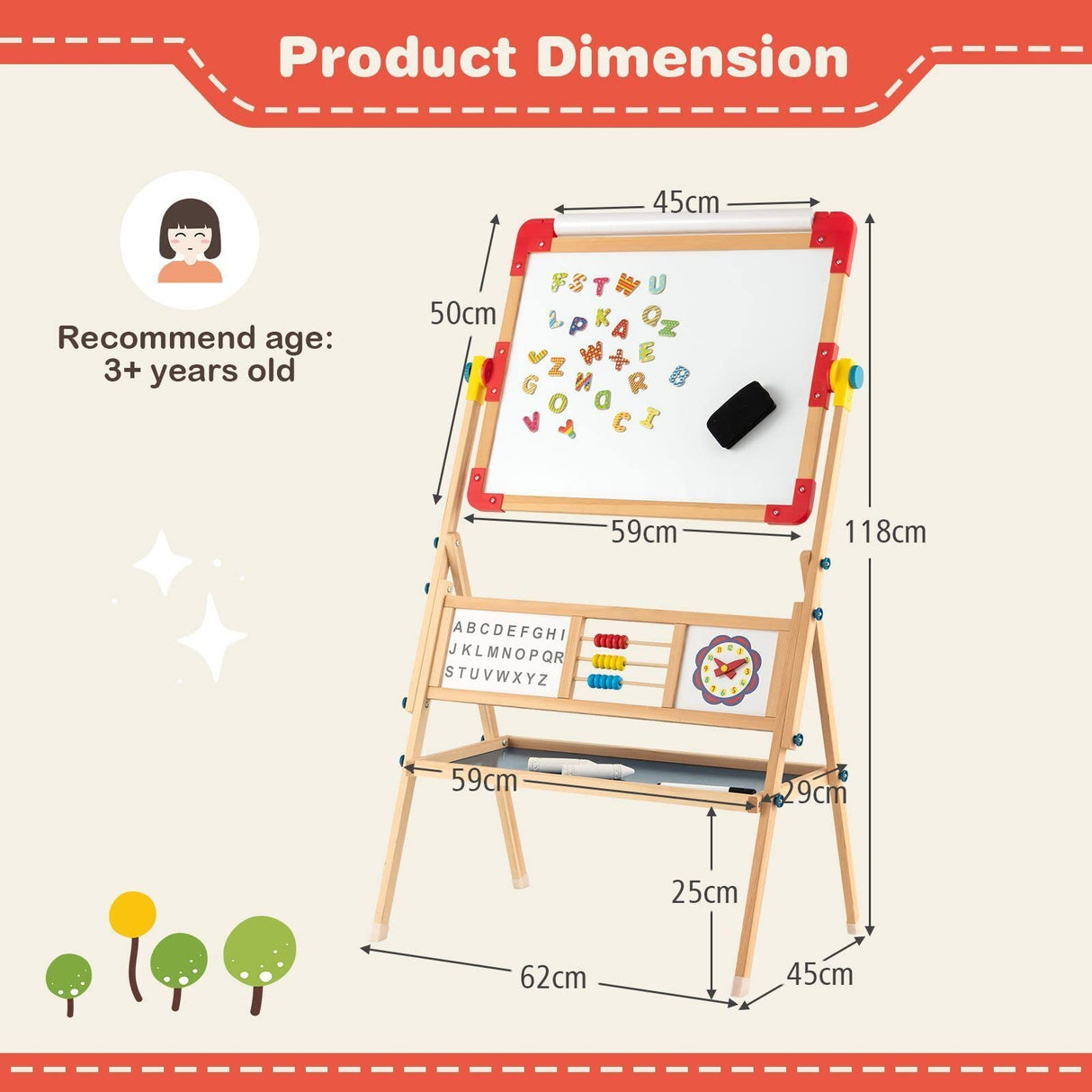 BABY JOY Kids Art Easel, 3 in 1 Wooden Art Easel for Toddlers w/Whiteboard, Chalkboard, Paper Roll
