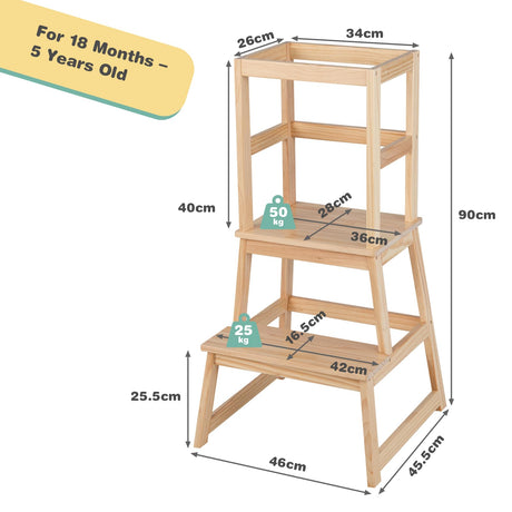 BABY JOY Kids Kitchen Step Stool with Safety Rail, 2 in 1 Solid Wood Montessori Learning Stool