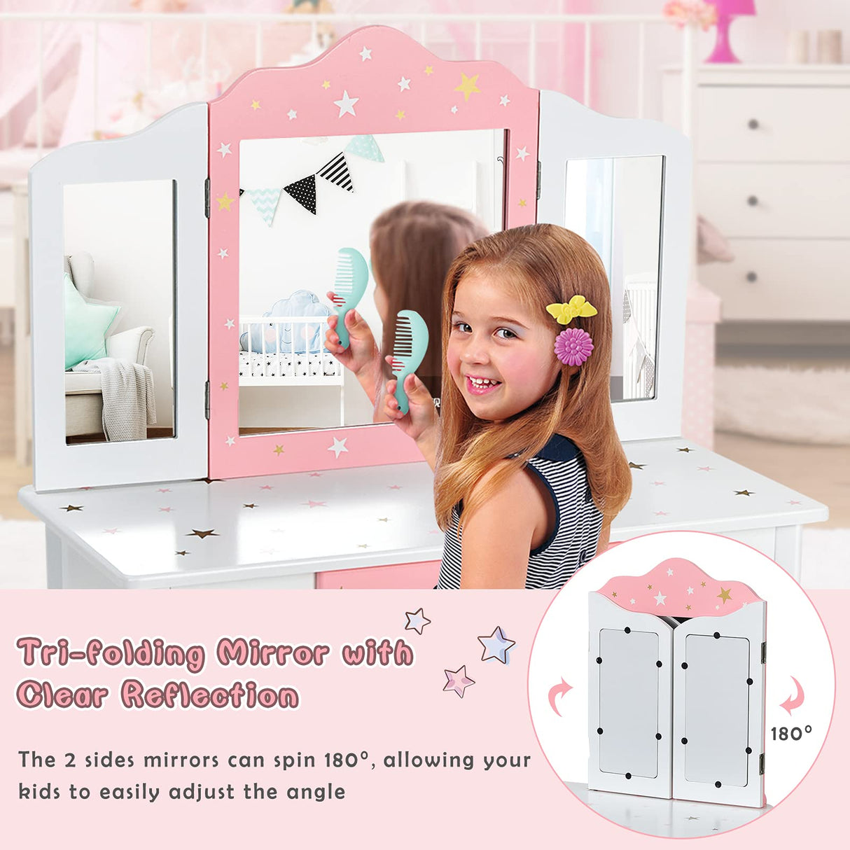HONEY JOY Kids Pretend Play Vanity Set, 2-in-1 Wooden Princess Makeup Dressing Table w/Stool & Drawer
