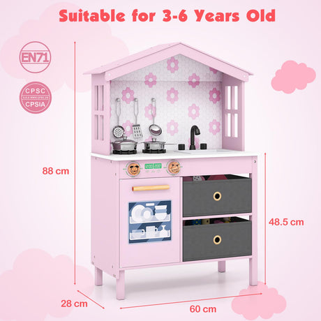 House-Shaped Play Kitchen, Kids Kitchen Playset
