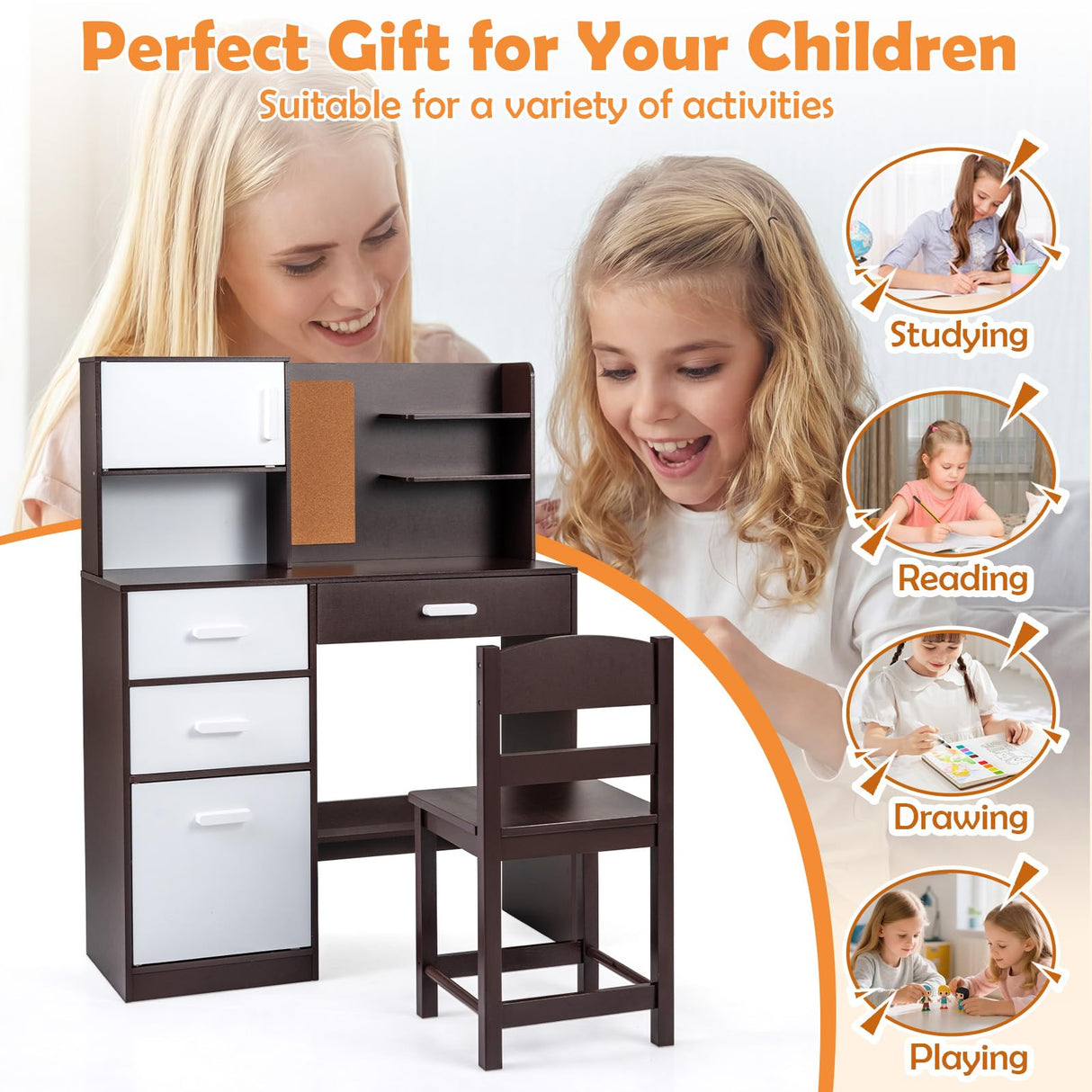 HONEY JOY Kids Desk and Chair Set, Study Table w/Hutch, Bulletin Board