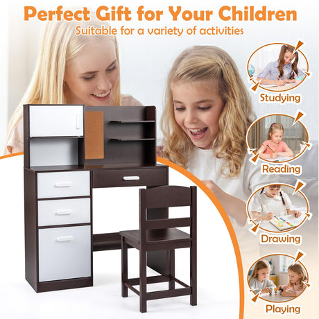 HONEY JOY Kids Desk and Chair Set, Study Table w/Hutch, Bulletin Board