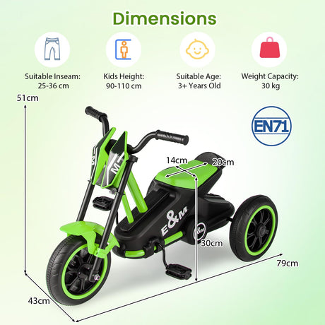 Green and black children's trike with dimensions and safety certification details on a light green background