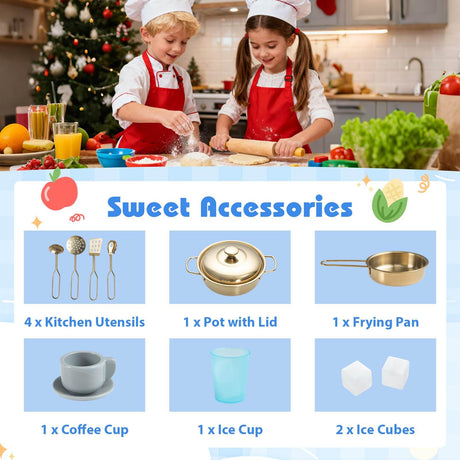 Two children in a kitchen with cooking accessories displayed below.