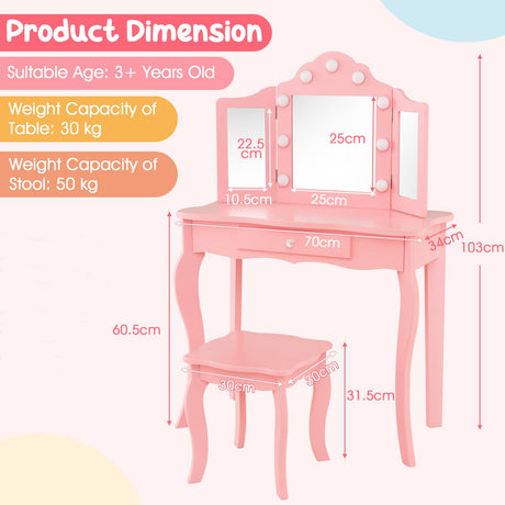 HONEY JOY Kids 2-in-1 Vanity Table and Stool Set,Princess Makeup Vanity Set w/3-color LED Lights & Adjustable Brightness