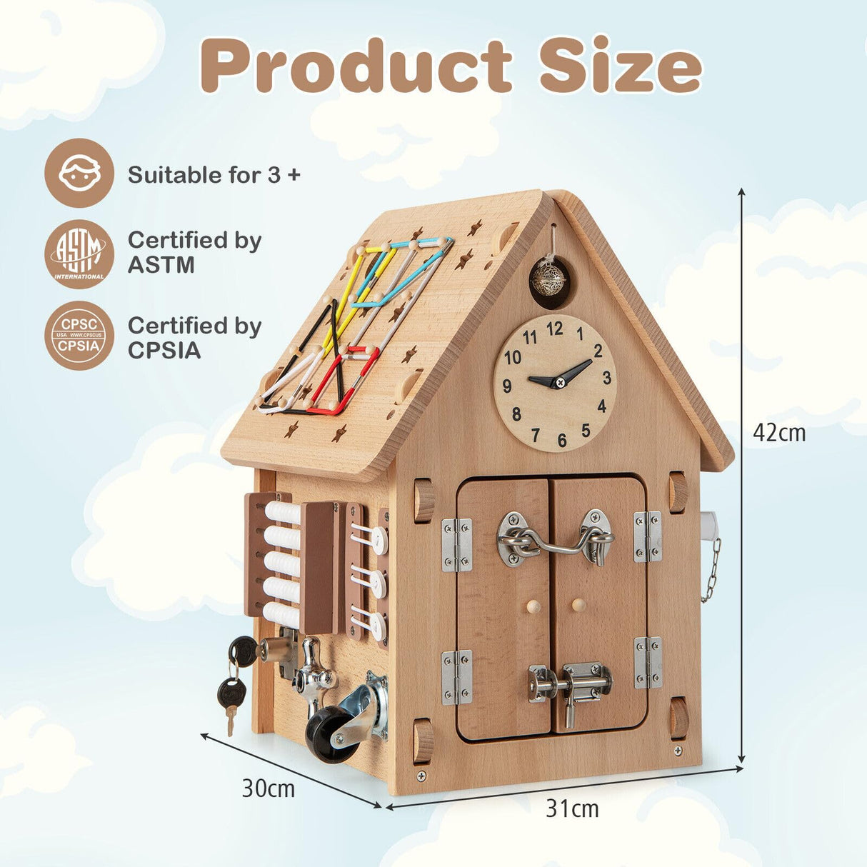 HONEY JOY Kids Montessori Busy House Toy, Wooden Multi-Purpose Play House w/Interior Storage Space