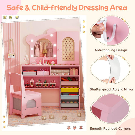 Princess Makeup Dressing Table with 3-Color Lighted Mirror and Cabinet