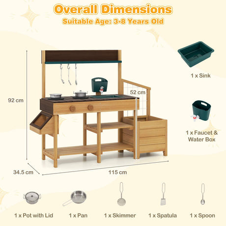 Wooden play kitchen set with dimensions and accessories on a beige background