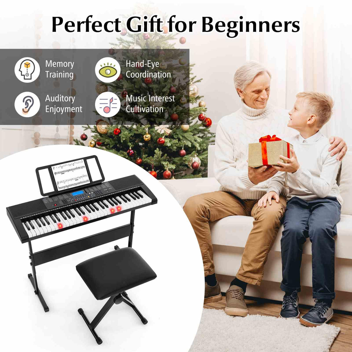 61-Key Portable Electronic Keyboard Piano with Stand and Stool