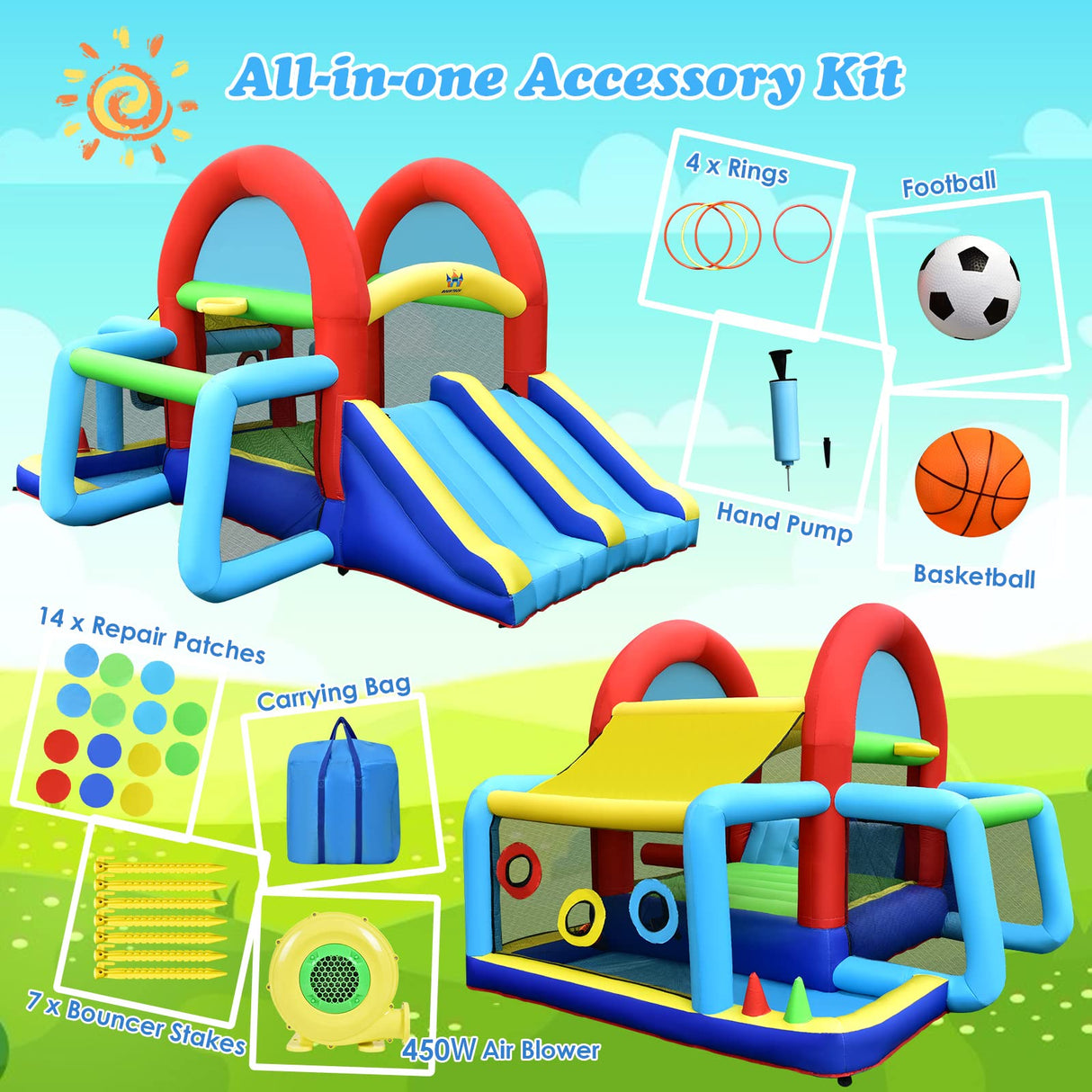 HONEY JOY Inflatable Bounce House, 8 in 1 Kids Jumping Castle w/2 Slides, Jumping Area