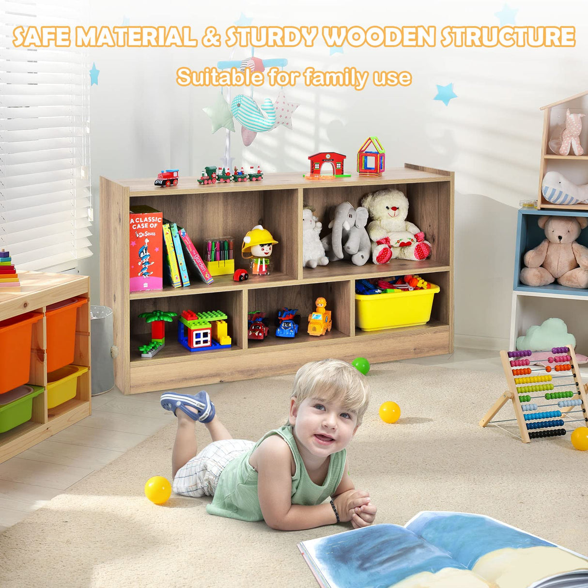 BABY JOY Kids Bookshelf & Toy Shelf, Storage Cabinet w/ 5 Compartments for Organizing Toys, Dolls