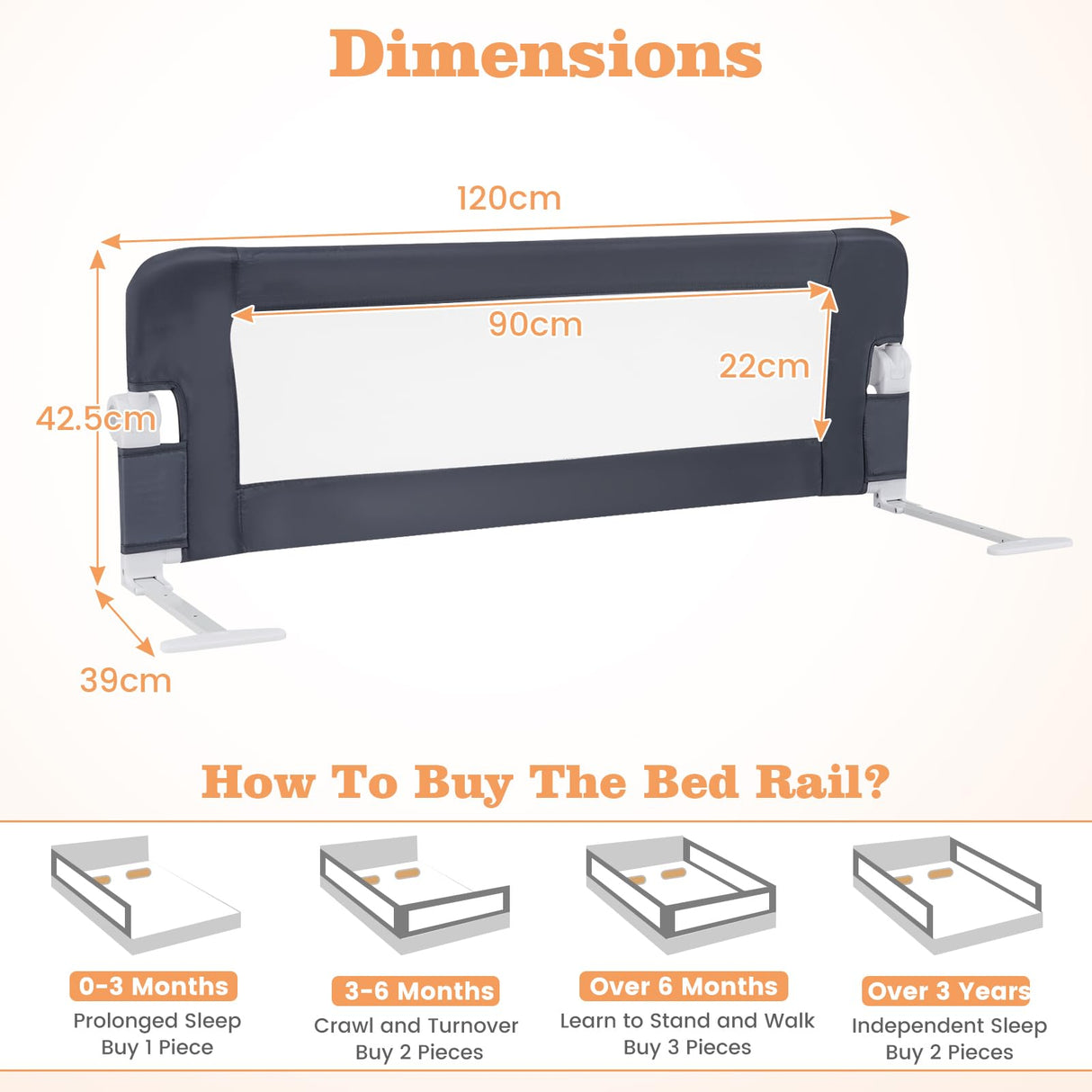 BABY JOY 120 cm Bed Rail Guard for Toddlers, Universal Baby Fold Down Bed Rail w/Adjustable Safety Strap & Breathable Mesh