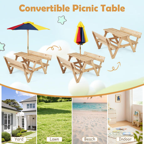 HONEY JOY Kids Picnic Table, Toddlers' Outdoor Table w/ 2 Built-in Benches