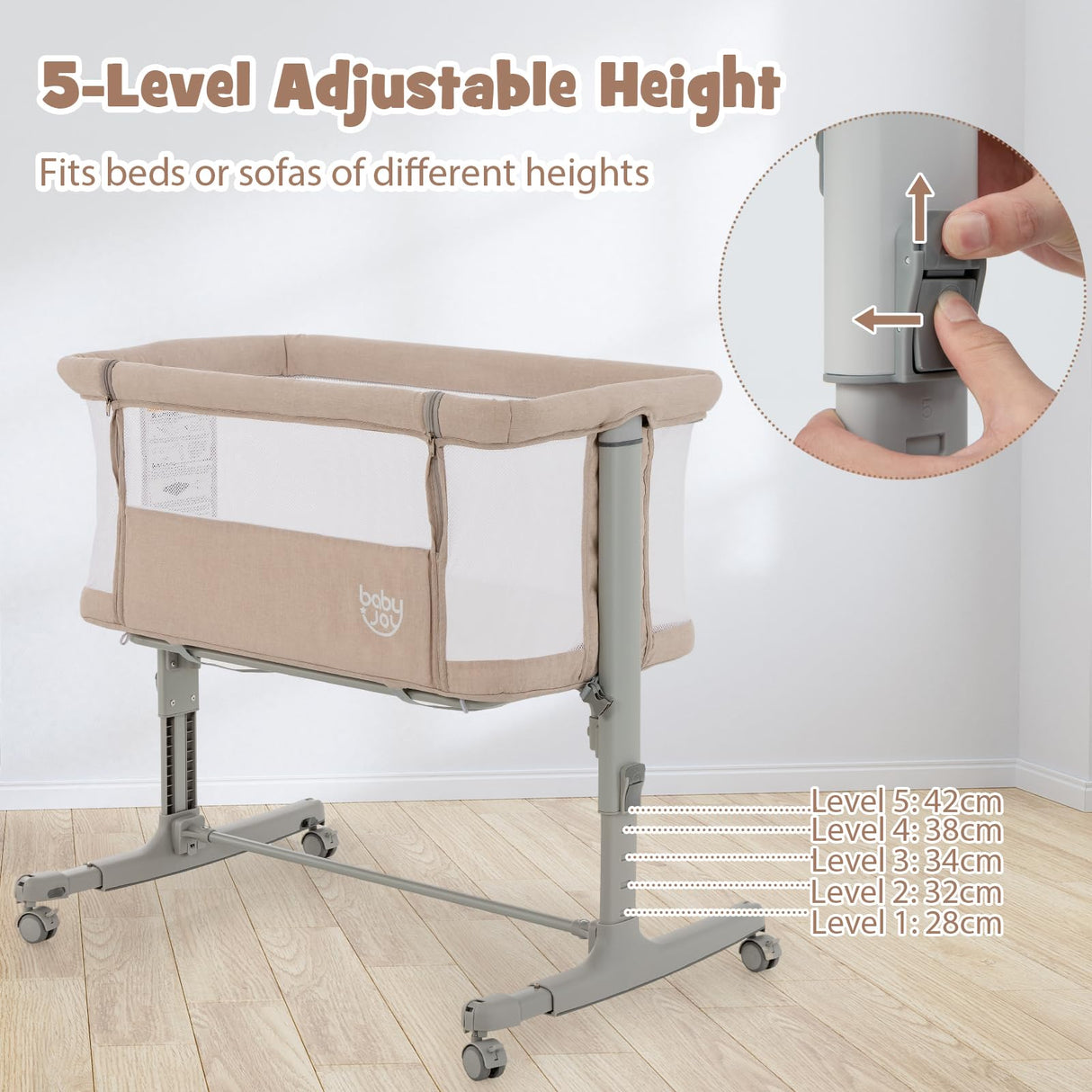 BABY JOY 3 in 1 Baby Bedside Bassinet Baby Cot with Mattress & 5 Adjustable Height