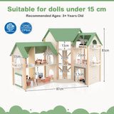 HONEY JOY Wooden Corner Dollhouse Playset, Green Roof Doll House with 34 Pieces of Furniture and Accessories