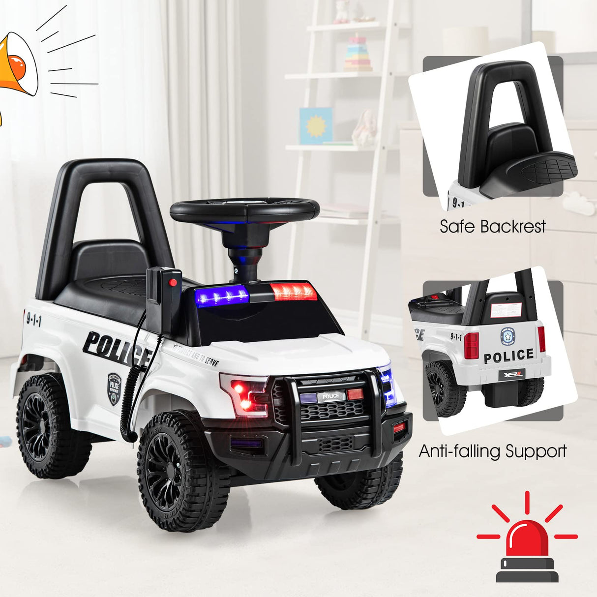 Ride On Push Police Car, Toddler Foot-to-Floor Sliding Toy with Siren