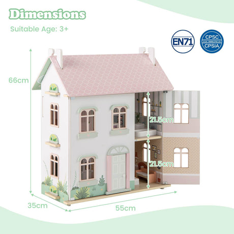 HONEY JOY Kids Wooden Dollhouse, 3 Level Doll House Playset