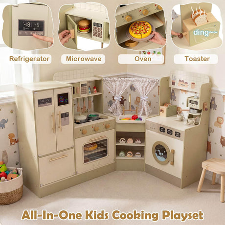 HONEY JOY Kids Corner Play Kitchen, Pretend Play Kitchen Playset