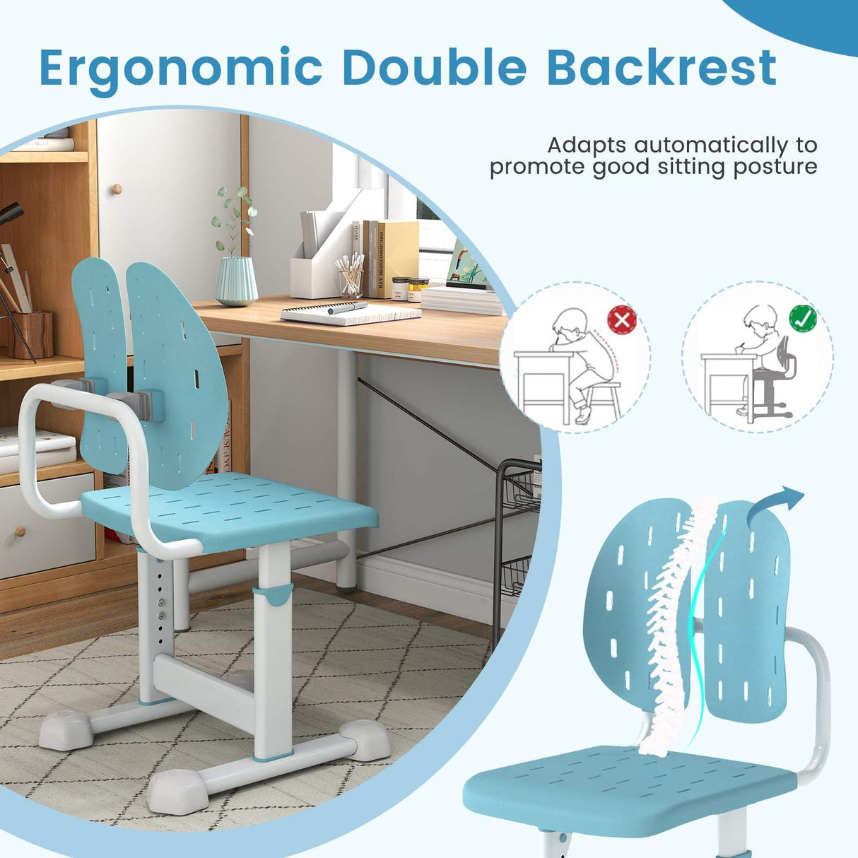 Height-Adjustable Kids Desk Chair, Children Study Chair w/Double Back Support & Breathable Seat