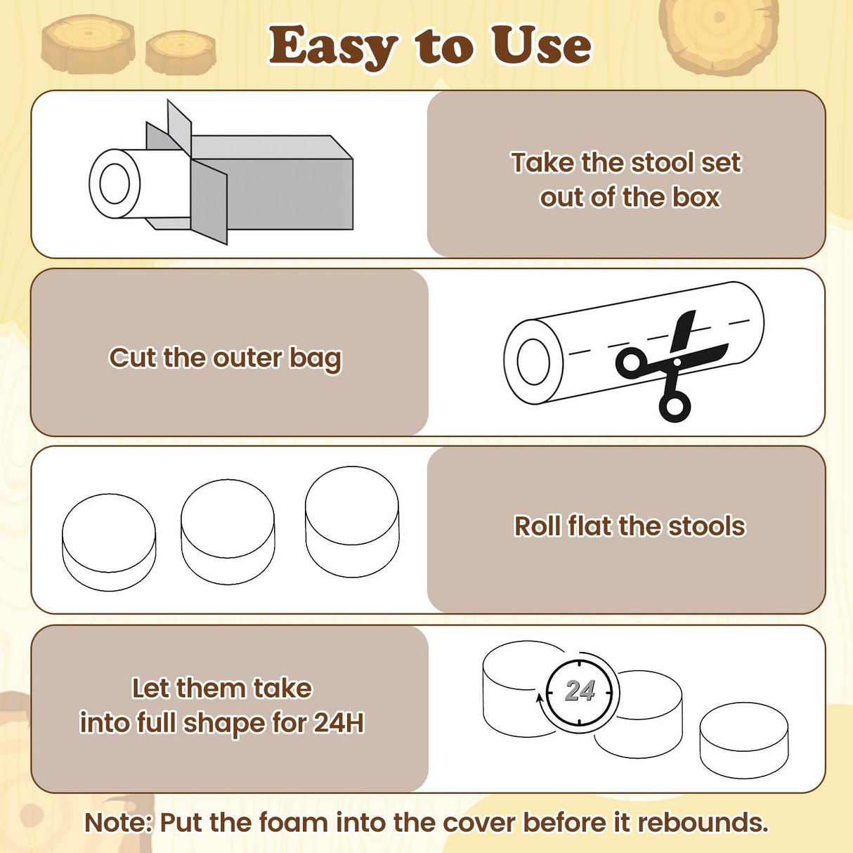 3-Piece Kids Floor Cushions with Wood Printing Nature Decoration