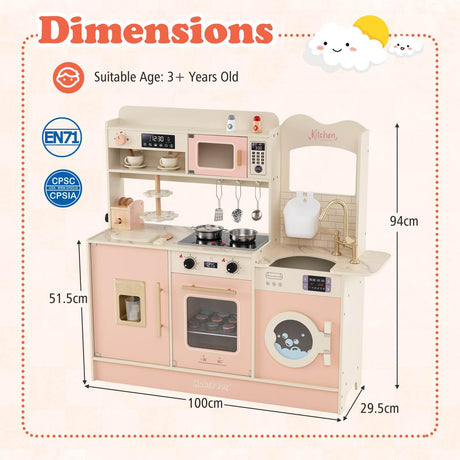 Dimensions of a children's play kitchen set with measurements and certification logos.