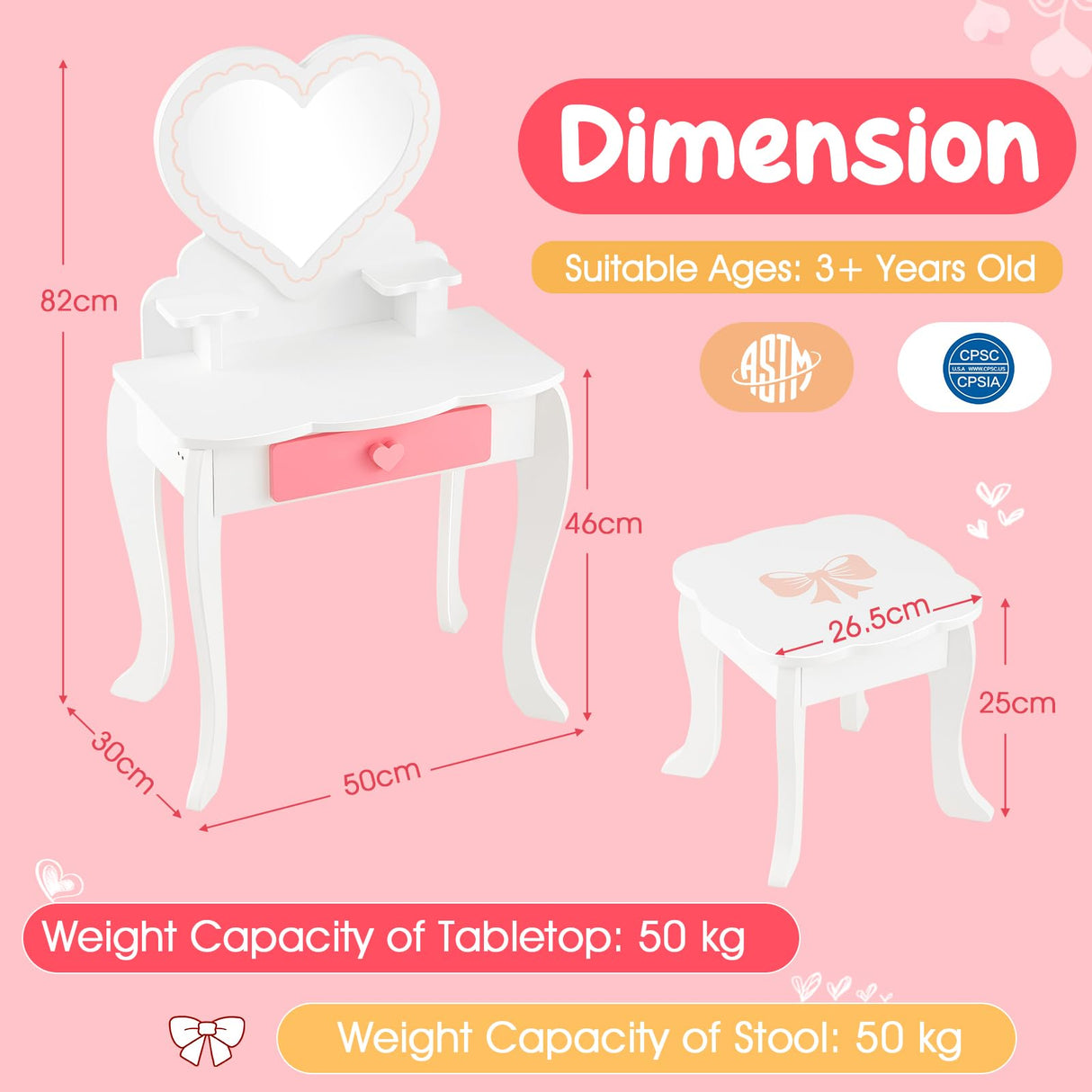 HONEY JOY Kids Vanity Set, Dressing Table w/Mirror and Stool, Accessories, Drawer, Wooden Princess Makeup Dressing Table(Heart-Shaped Mirror)