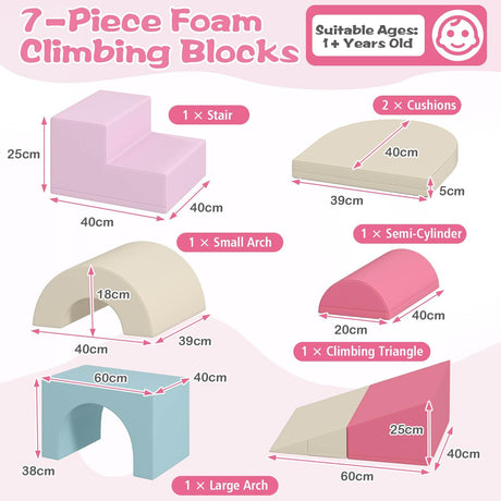 7-piece foam climbing blocks set with dimensions and suitable age range on a pink background