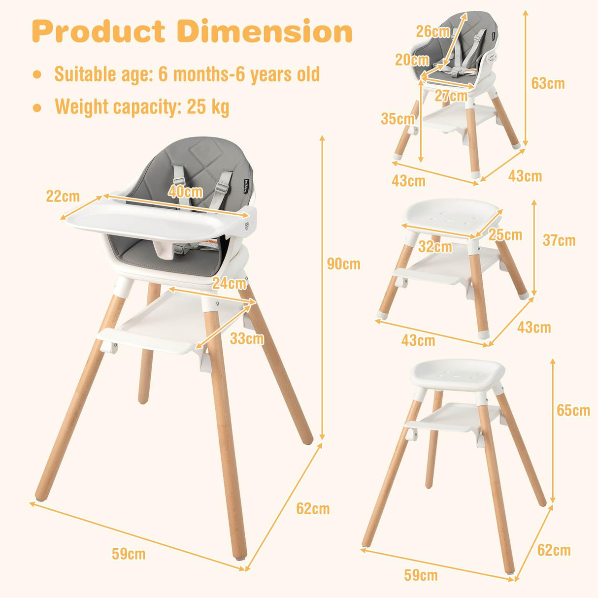 BABY JOY Baby High Chair 6-in-1 Convertible Wooden High Chair with Double Dishwasher Safe Trays