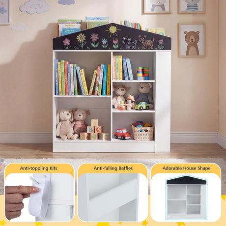 HONEY JOY Kids Toy Storage Box, House Shaped Toy Organiser Cabinet, w/Compartments & Chalkboard