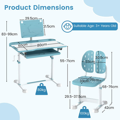 Children's desk and chair set with dimensions and weight capacity displayed.