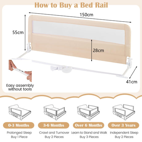 150 x 55 cm Bed Rail Guard for Toddlers, Beige - BABY JOY