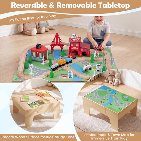 HONEY JOY 63-Piece Kids Wooden Train Table w/Storage Drawer