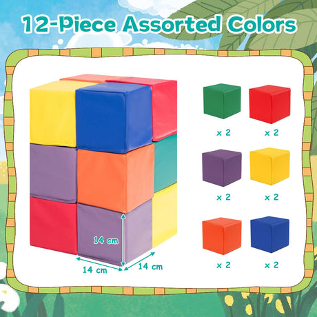 BABY JOY Foam Building Blocks, 12-Piece 14 CM Colorful Stacking Climbing Foam Cubes Play Set for Kids