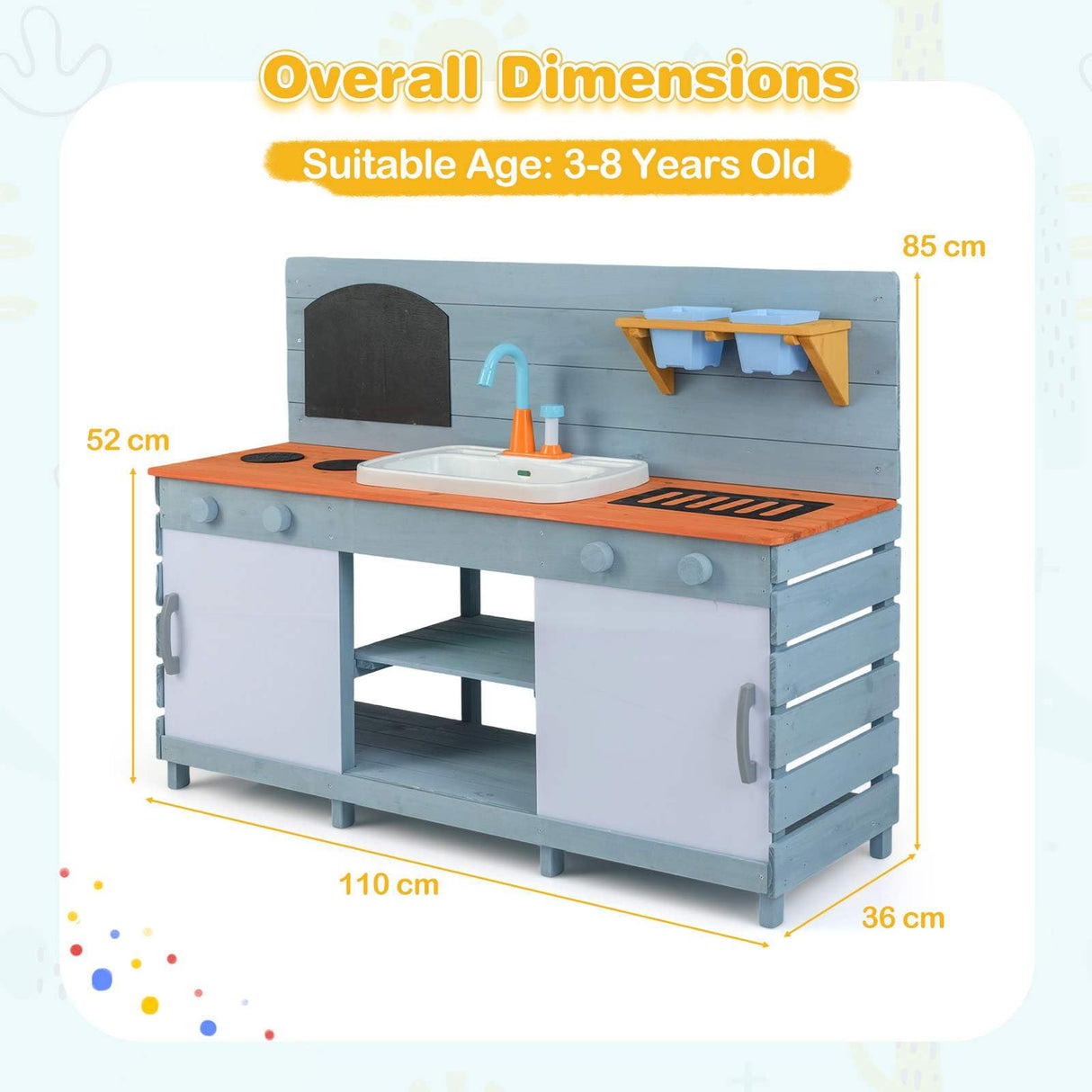 Outdoor Kids Play Kitchen, Wooden Kitchen Playset w/Sliding Doors