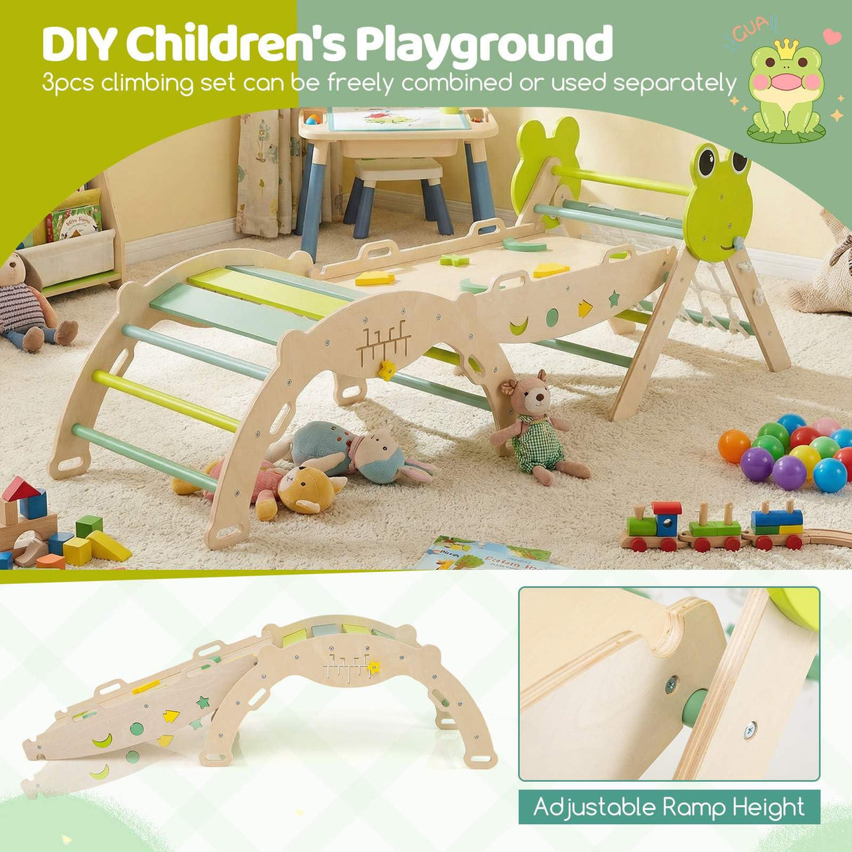 HONEY JOY 8-in-1 Wooden Triangle Set, Foldable Montessori Climbing Toys