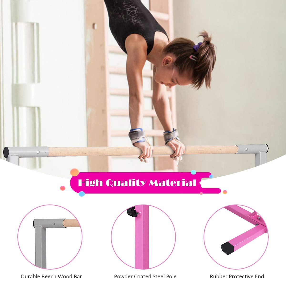 BABY JOY Kids Gymnastic Training Bar, 90 to 150cm Height Adjustable Expandable Exercise Horizontal Kip Bar w/Double Locking Mechanism