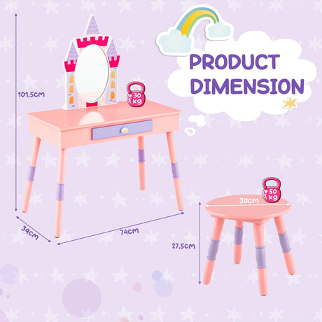 HONEY JOY Kids Vanity Set, Dressing Table for Children with Mirror and Stool, Princess Makeup Table