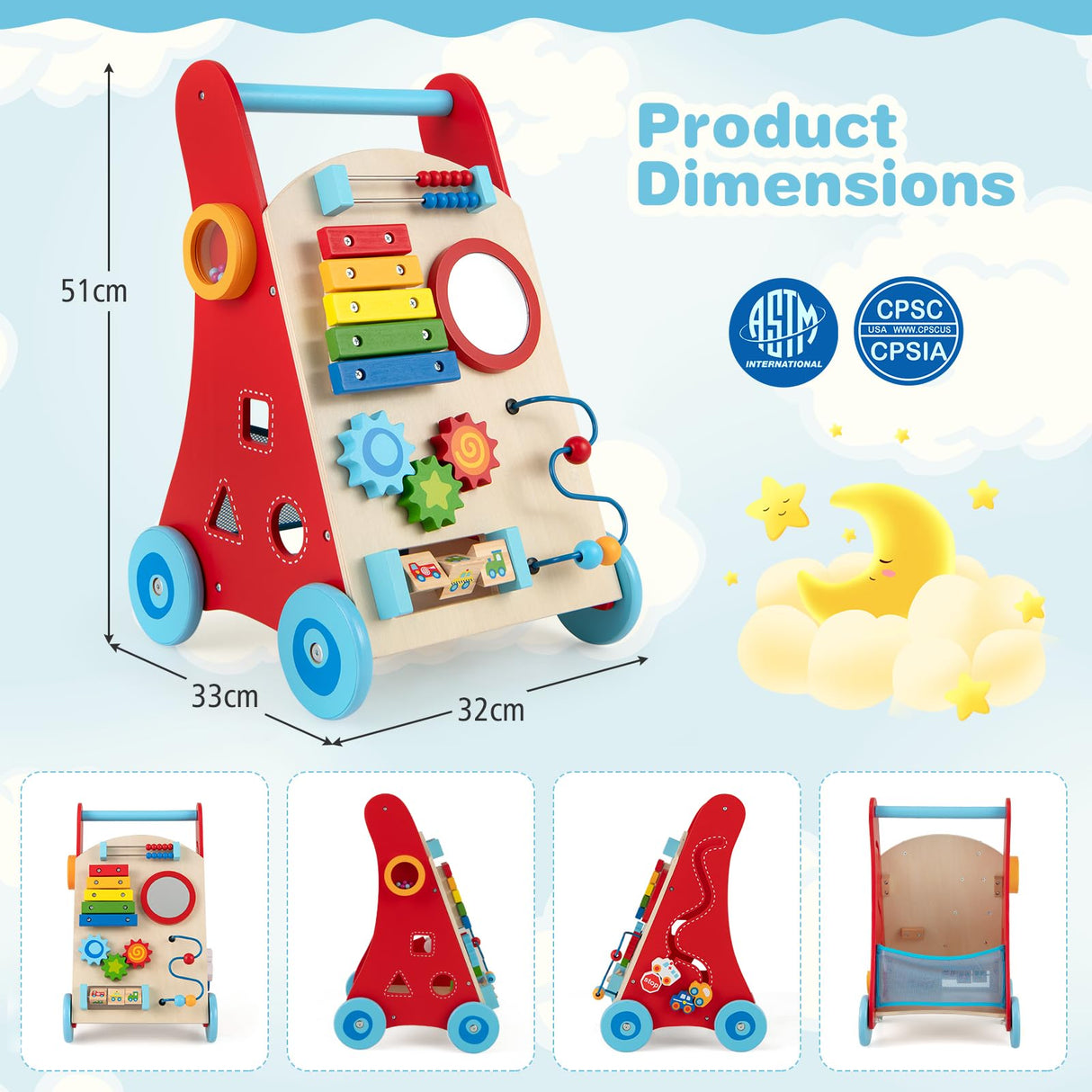 Wooden Baby Walker, Baby Push Walker with Handle, Storage & Wheels, Push and Pull Learning Activity Walker