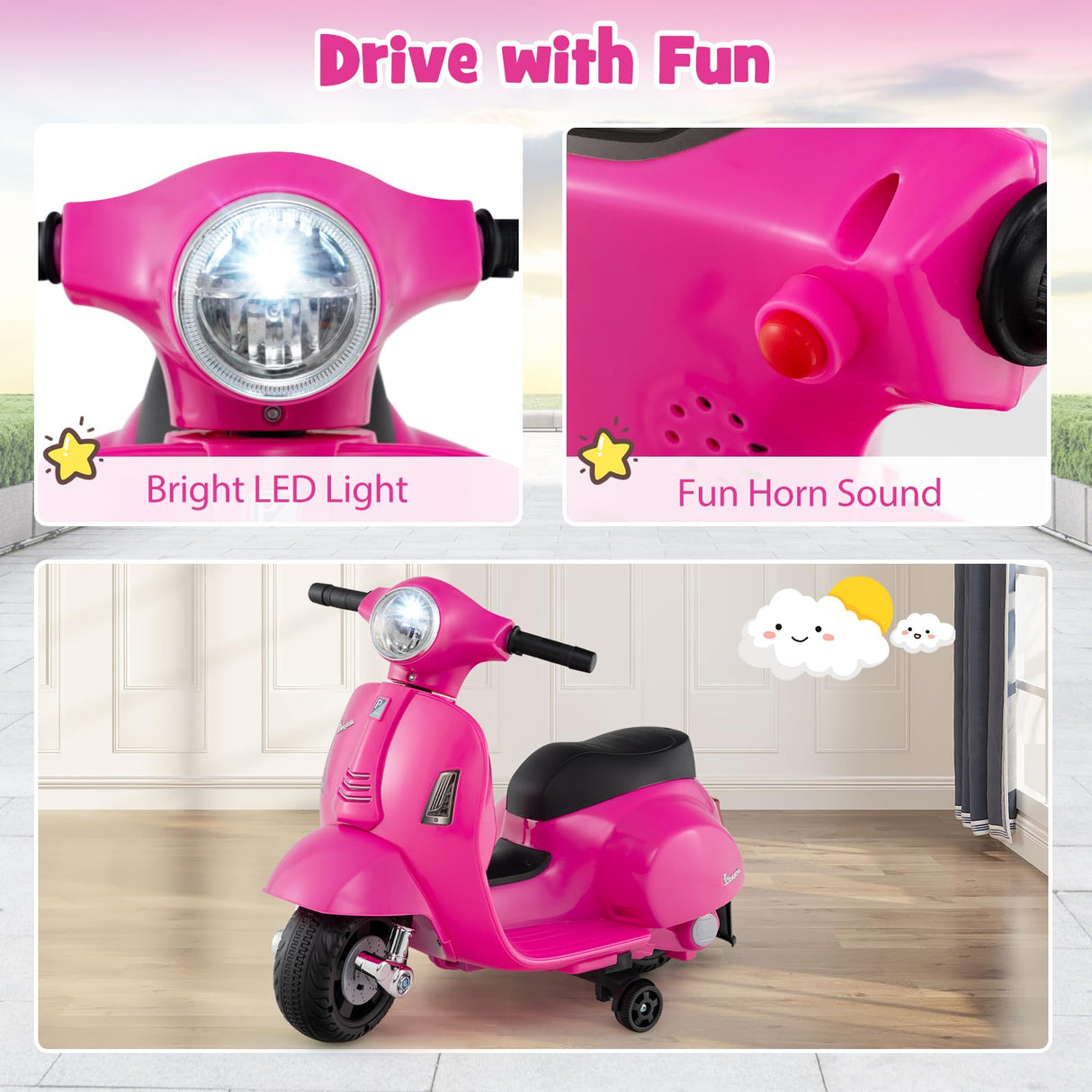 Licensed Vespa Kids Ride on Motorcycle with LED Headlight and Horn Sound