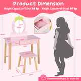 HONEY JOY 2-in-1 Kids Vanity Set, Wooden Kids Dressing Table with Stool, Strawberry-Shaped Mirror & Practical Drawer