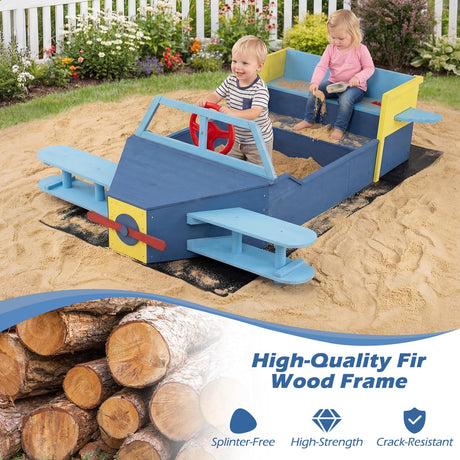 HONEY JOY Glider-Shape Kids Sandpit, Large Wooden Outdoor Sand Box w/Bench Seat