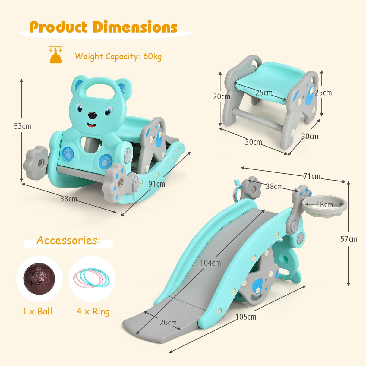 HONEY JOY 4-in-1 Kids Rocking Horse, Portable Toddler Ride On Rocking Toy with Slide