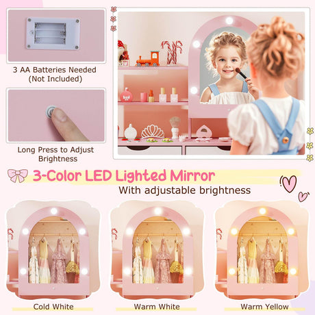 Kids Vanity Set, Pretend Play Dressing Table Set w/3-Color Lighting Modes
