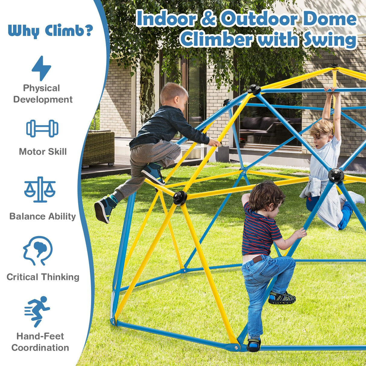 HONEY JOY Kids 10FT Climbing Dome with Swing w/Slide