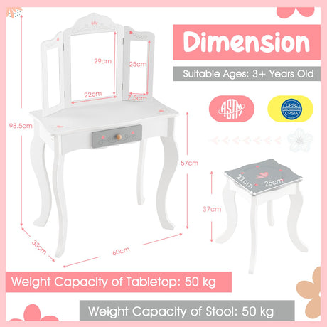 HONEY JOY Kids Vanity Set, Dressing Table w/Mirror and Stool, Accessories, Drawer, Wooden Princess Makeup Dressing Table