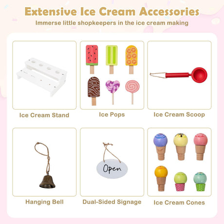 Wooden Ice Cream Cart for Kids, Pretend Play Set with Storage for 3+ Years Old