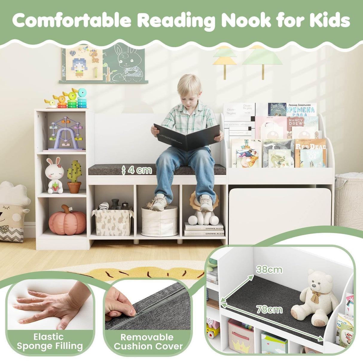 HONEY JOY Kids Bookcase Reading Nook, 4-in-1 Standing Toy Organiser