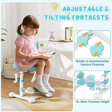 Child using a adjustable and tilting footrest in a home setting