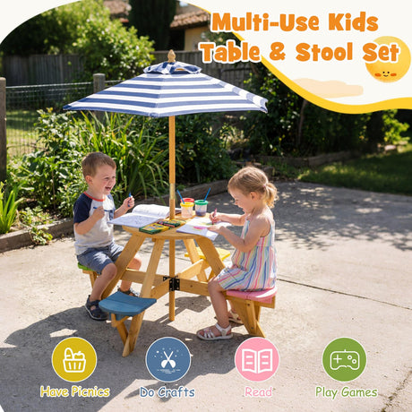 Kids Picnic Table with Stools and Foldable Adjustable Umbrella for Backyard and Patio