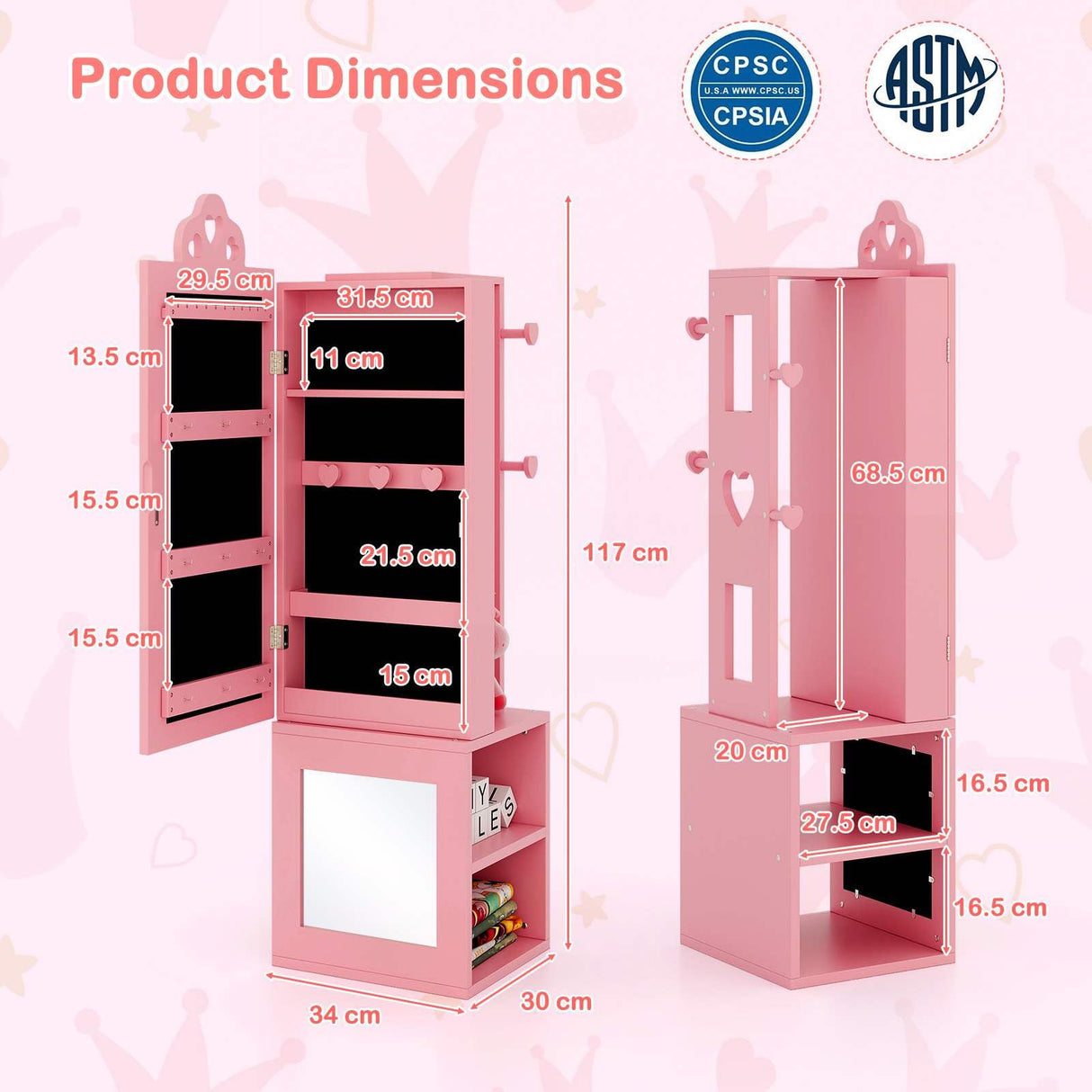 HONEY JOY Kids Jewelry Cabinet, 3-in-1 Freestanding Jewelry Armoire